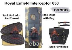 Royal Enfield Interceptor 650 Leather Side Bag & Diamond Tank Pads (Red) Combo