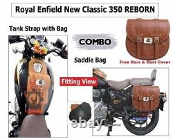 Tan Leather Saddle Bag & Tank Strap bag Fit For Royal Enfield New Classic 350