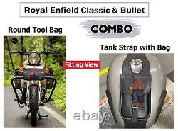 Sac de réservoir en cuir noir Royal Enfield Classic & Bullet avec sac à outils rond.