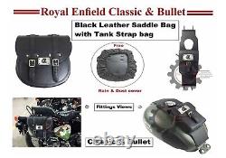 Sac de selle en cuir noir avec sangle pour réservoir adapté aux Royal Enfield Classic & Bullet